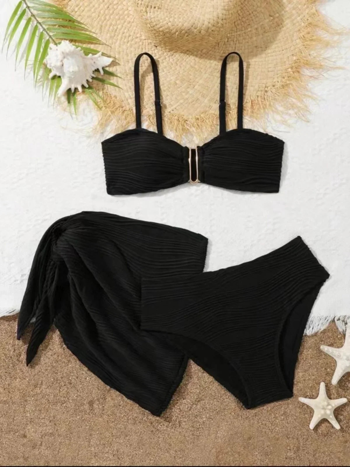Black Beige Mesh Skirt 3 Piece Bikini Set
