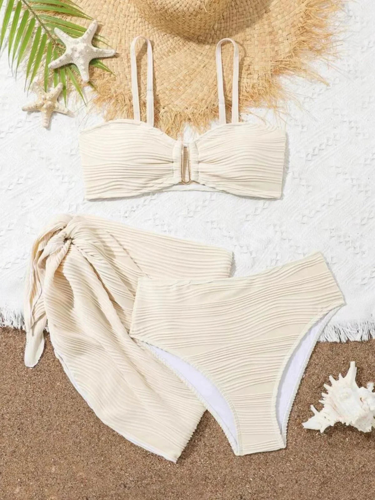 Black Beige Mesh Skirt 3 Piece Bikini Set