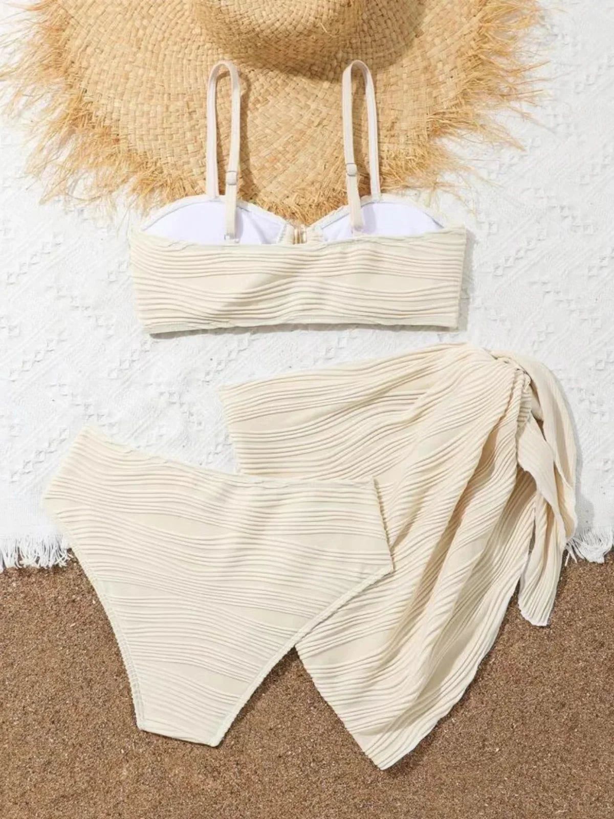 Black Beige Mesh Skirt 3 Piece Bikini Set