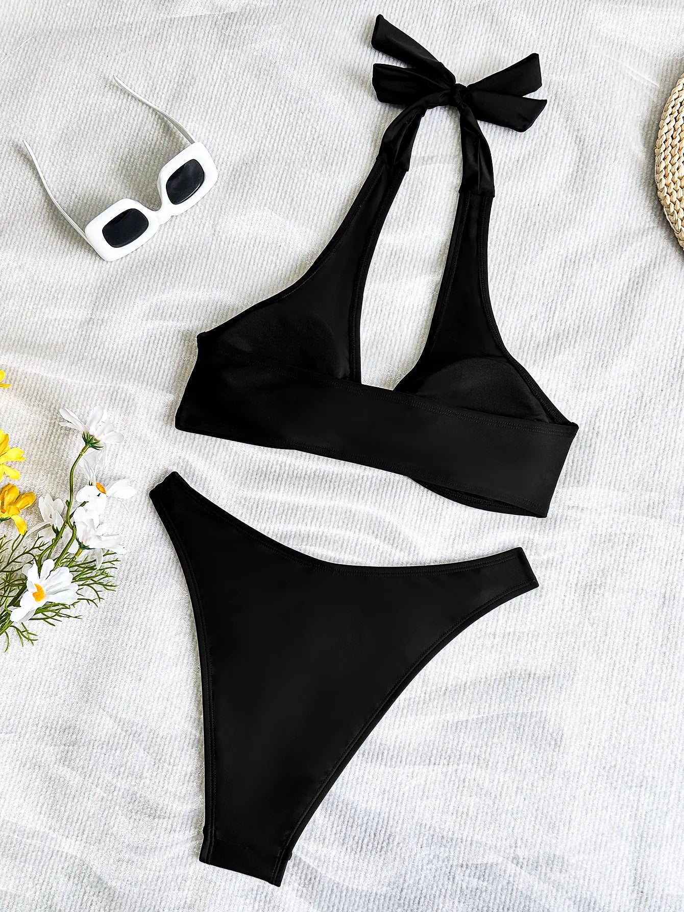 Black Bikini Metal Ornament Hollow Out Push Up Thong Swimsuit Bathing Suit Two Piece Swimwear Biquini