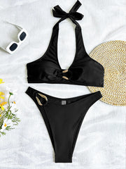 Black Bikini Metal Ornament Hollow Out Push Up Thong Swimsuit Bathing Suit Two Piece Swimwear Biquini