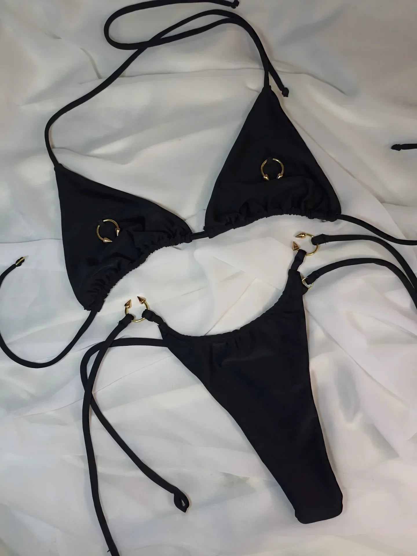 Black Bikini Metal Circle Ornament Push Up Tie Side Thong Swimsuit Brazilian Beach Bathing Suit Micro Swimwear