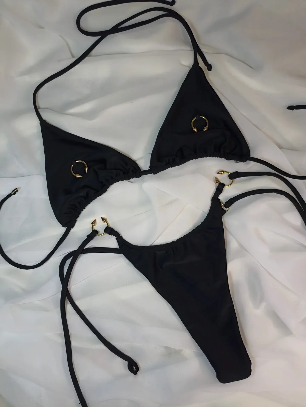 Black Bikini Metal Circle Ornament Push Up Tie Side Thong Swimsuit Brazilian Beach Bathing Suit Micro Swimwear
