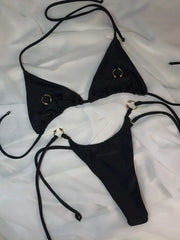 Black Bikini Metal Circle Ornament Push Up Tie Side Thong Swimsuit Brazilian Beach Bathing Suit Micro Swimwear