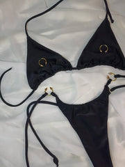 Black Bikini Metal Circle Ornament Push Up Tie Side Thong Swimsuit Brazilian Beach Bathing Suit Micro Swimwear