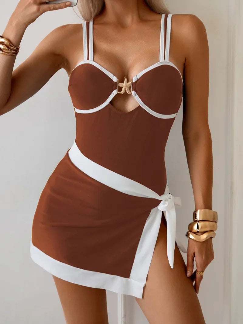 Black Contrast One Piece Swimsuit Skirt Sets