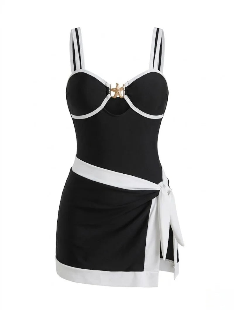Black Contrast One Piece Swimsuit Skirt Sets
