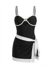Black Contrast One Piece Swimsuit Skirt Sets