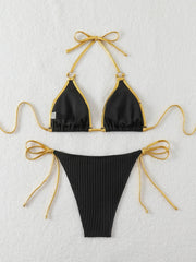 Black Contrast Ribbed Micro Bikini Metal Circle Push Up Tie Side Thong Swimsuit Beach Bathing Suit Swimwear