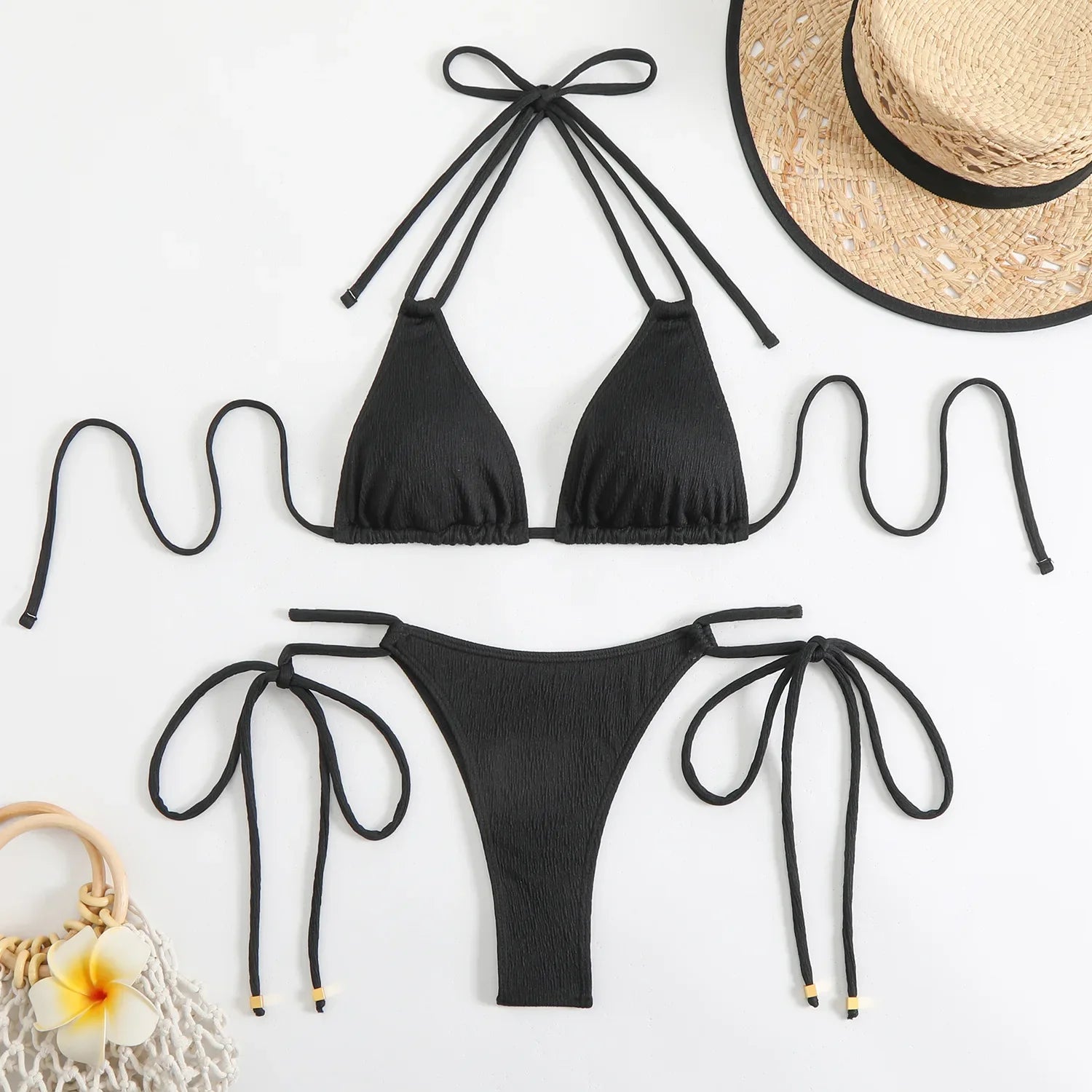 Black Drawstring Side High Waist Bikinis Sets