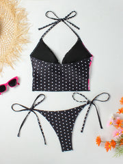 Black Floral Polka Dot Print Bikini Set