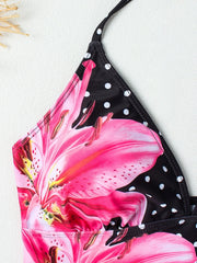 Black Floral Polka Dot Print Bikini Set