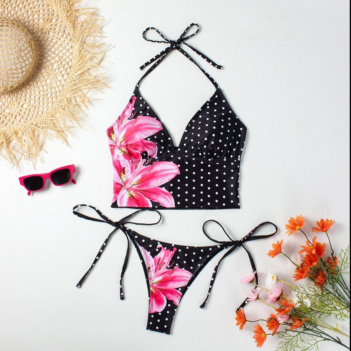 Black Floral Polka Dot Print Bikini Set