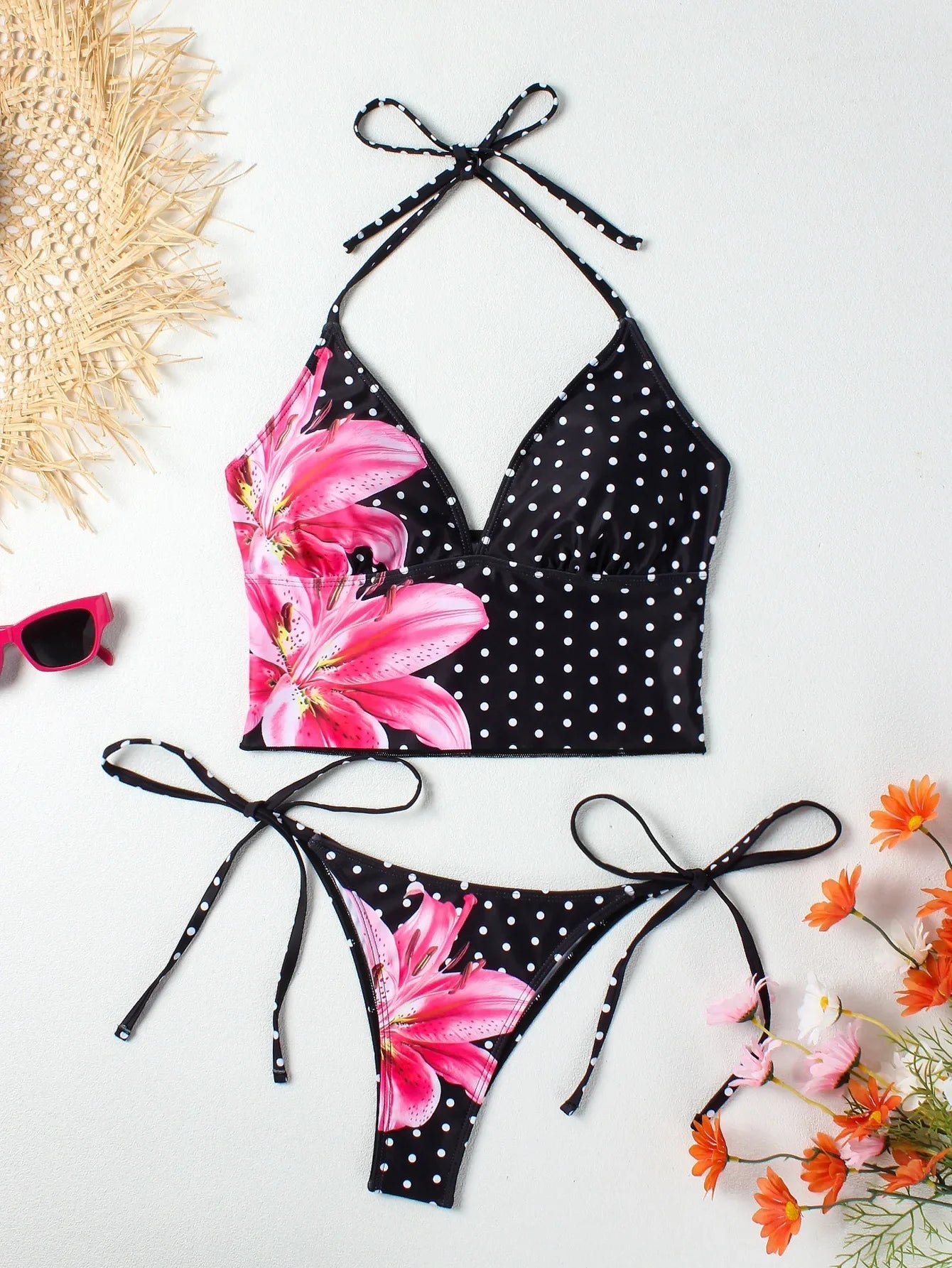 Black Floral Polka Dot Print Bikini Set