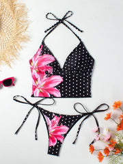 Black Floral Polka Dot Print Bikini Set