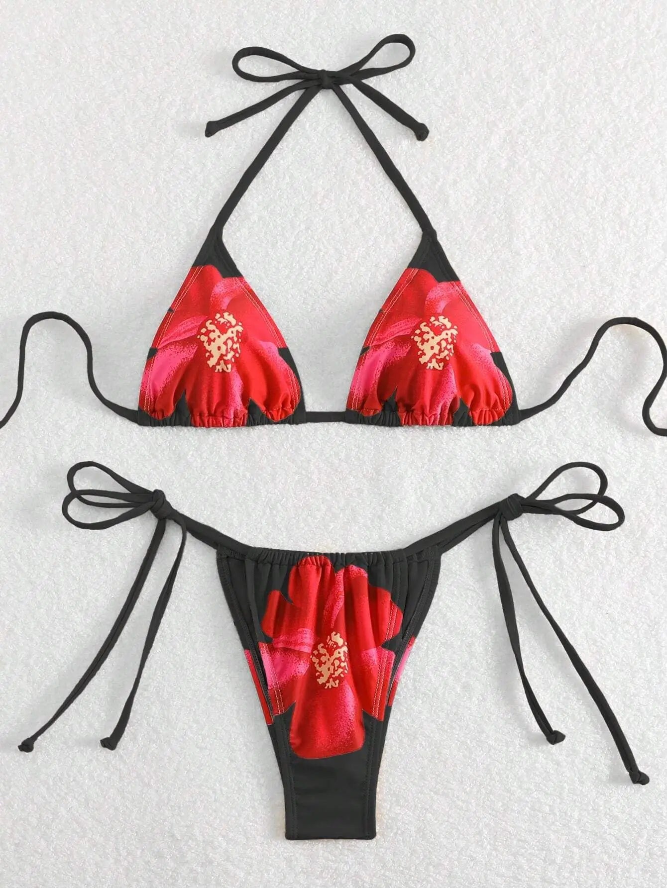 Black Floral Print Bikini Set