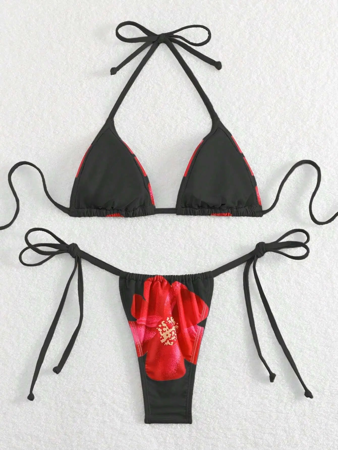 Black Floral Print Bikini Set
