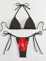 Black Floral Print Bikini Set