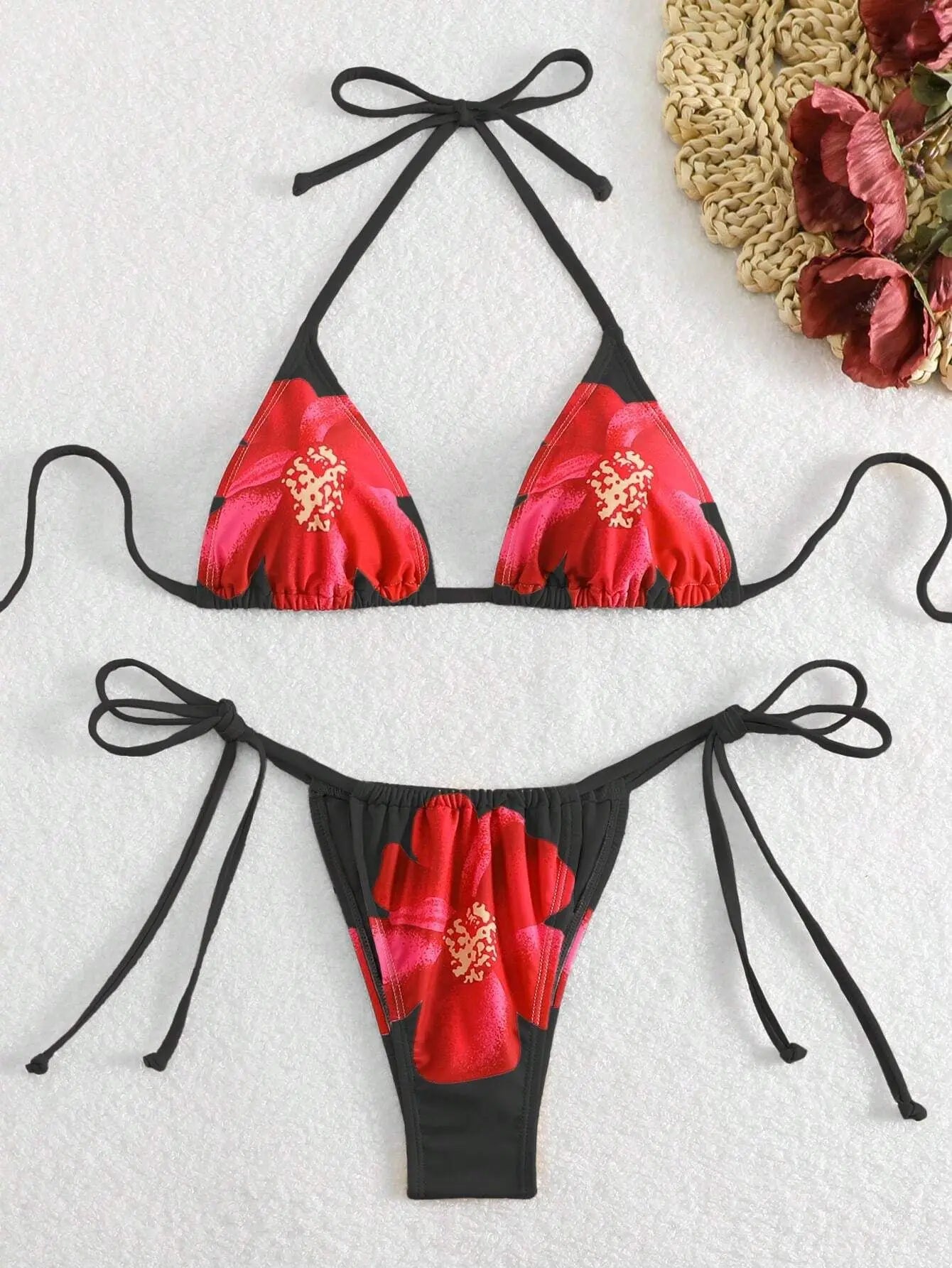 Black Floral Print Bikini Set