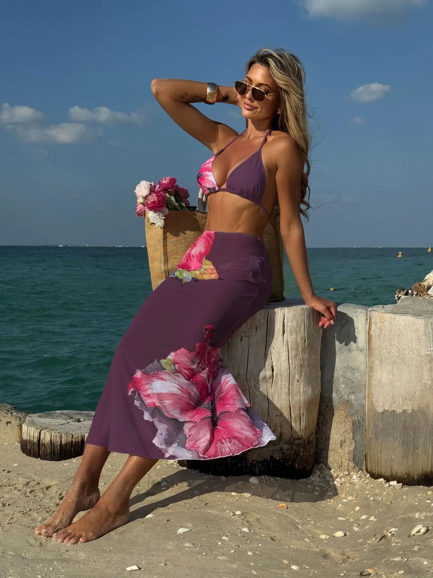 Black Floral Print Bikini Mesh Long Skirt 3 Piece Swimsuit Push Up Beach Bathing Suit Biquini