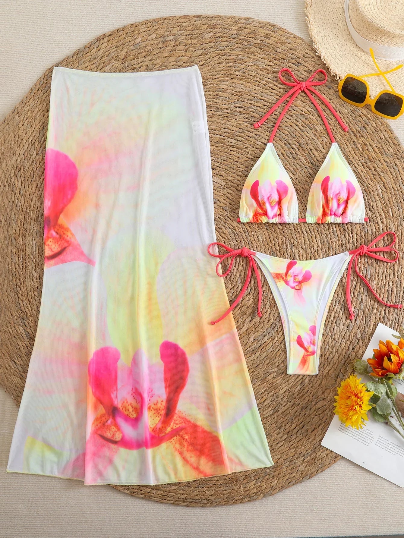 Black Floral Print Bikini Mesh Long Skirt 3 Piece Swimsuit Push Up Beach Bathing Suit Biquini
