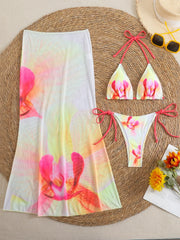 Black Floral Print Bikini Mesh Long Skirt 3 Piece Swimsuit Push Up Beach Bathing Suit Biquini