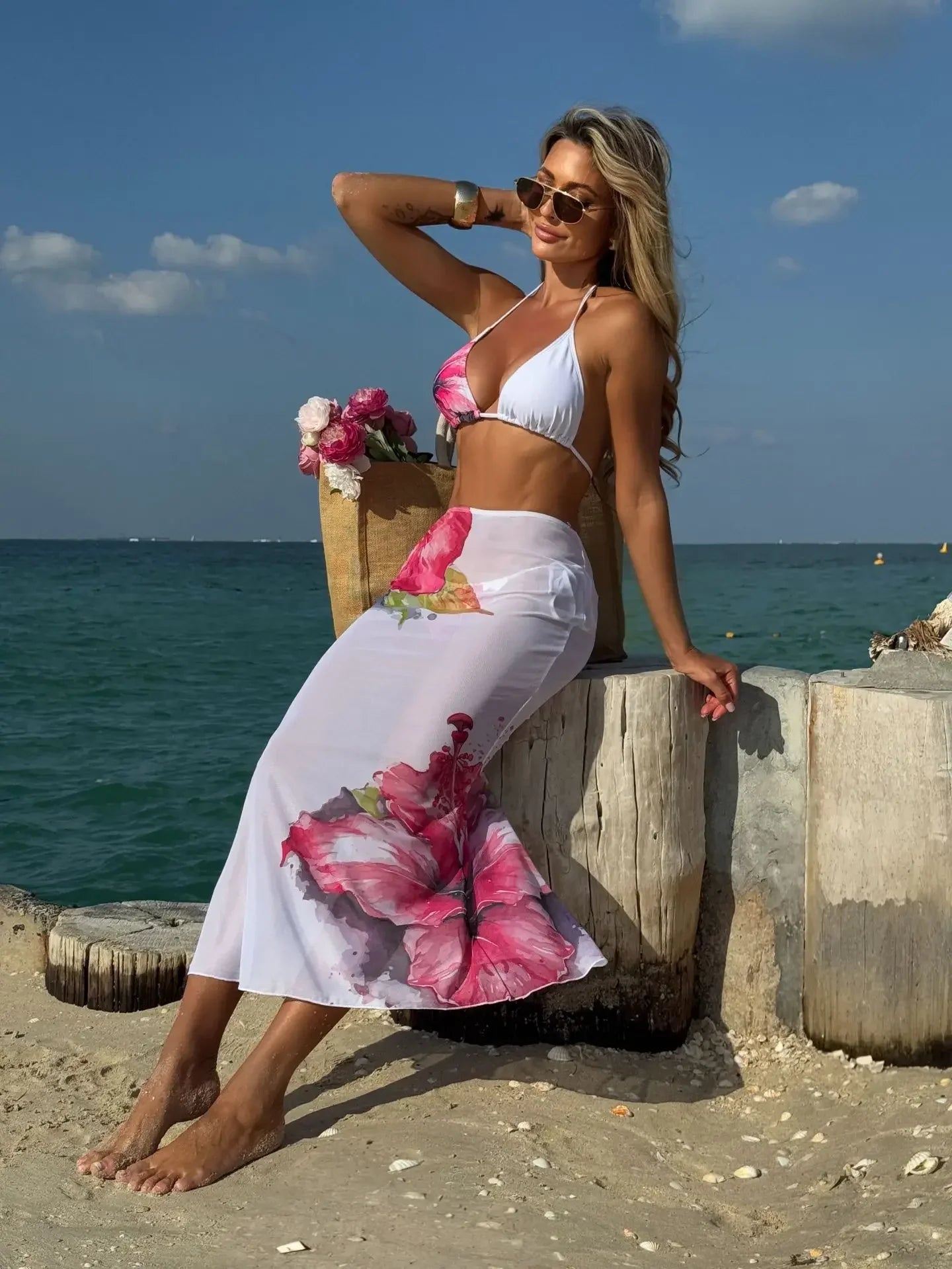 Black Floral Print Bikini Mesh Long Skirt 3 Piece Swimsuit Push Up Beach Bathing Suit Biquini