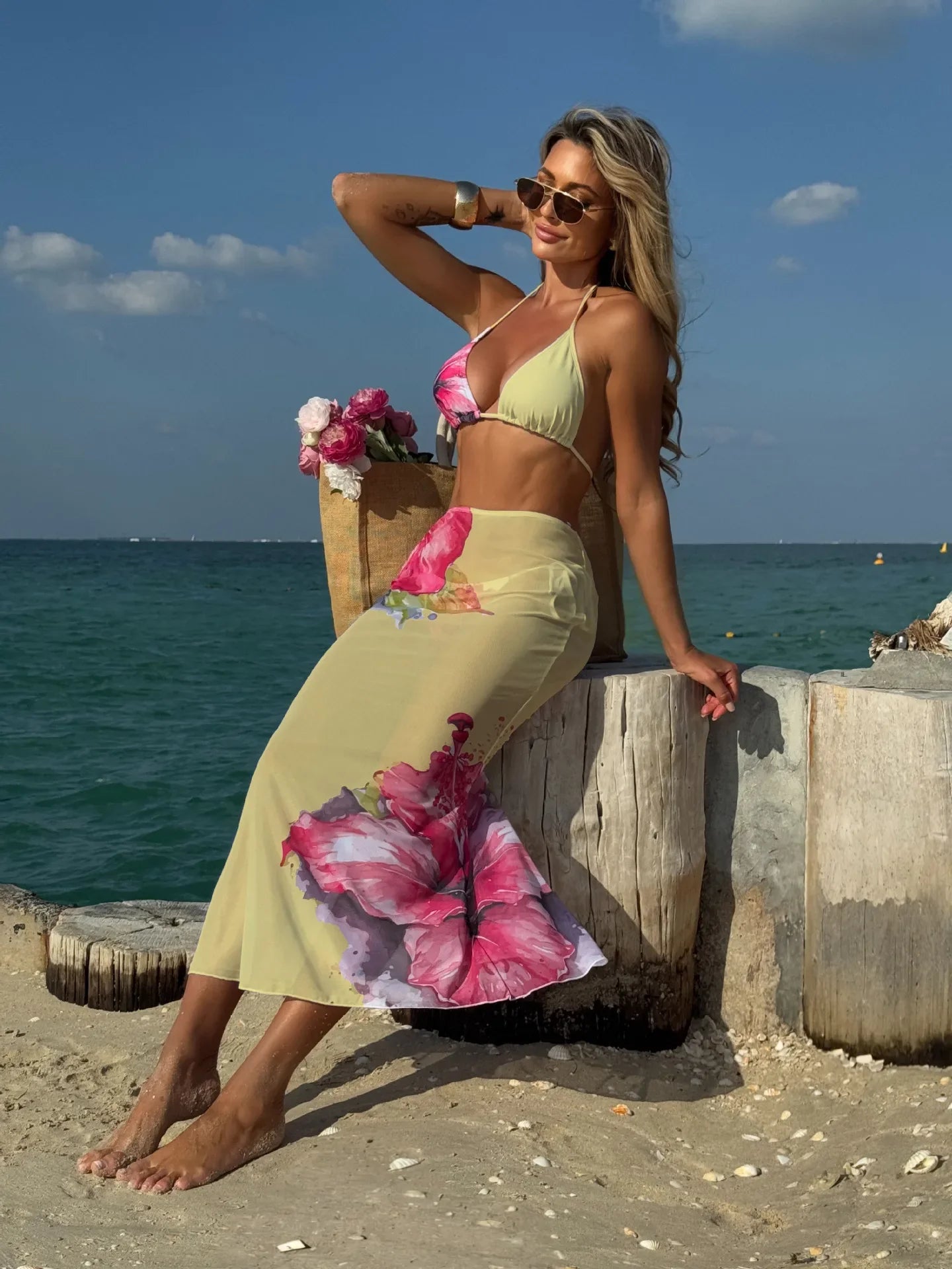 Black Floral Print Bikini Mesh Long Skirt 3 Piece Swimsuit Push Up Beach Bathing Suit Biquini