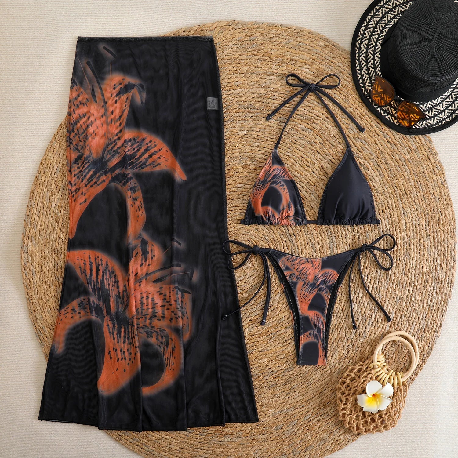Black Floral Print Bikini Mesh Long Skirt 3 Piece Swimsuit Push Up Beach Bathing Suit Biquini