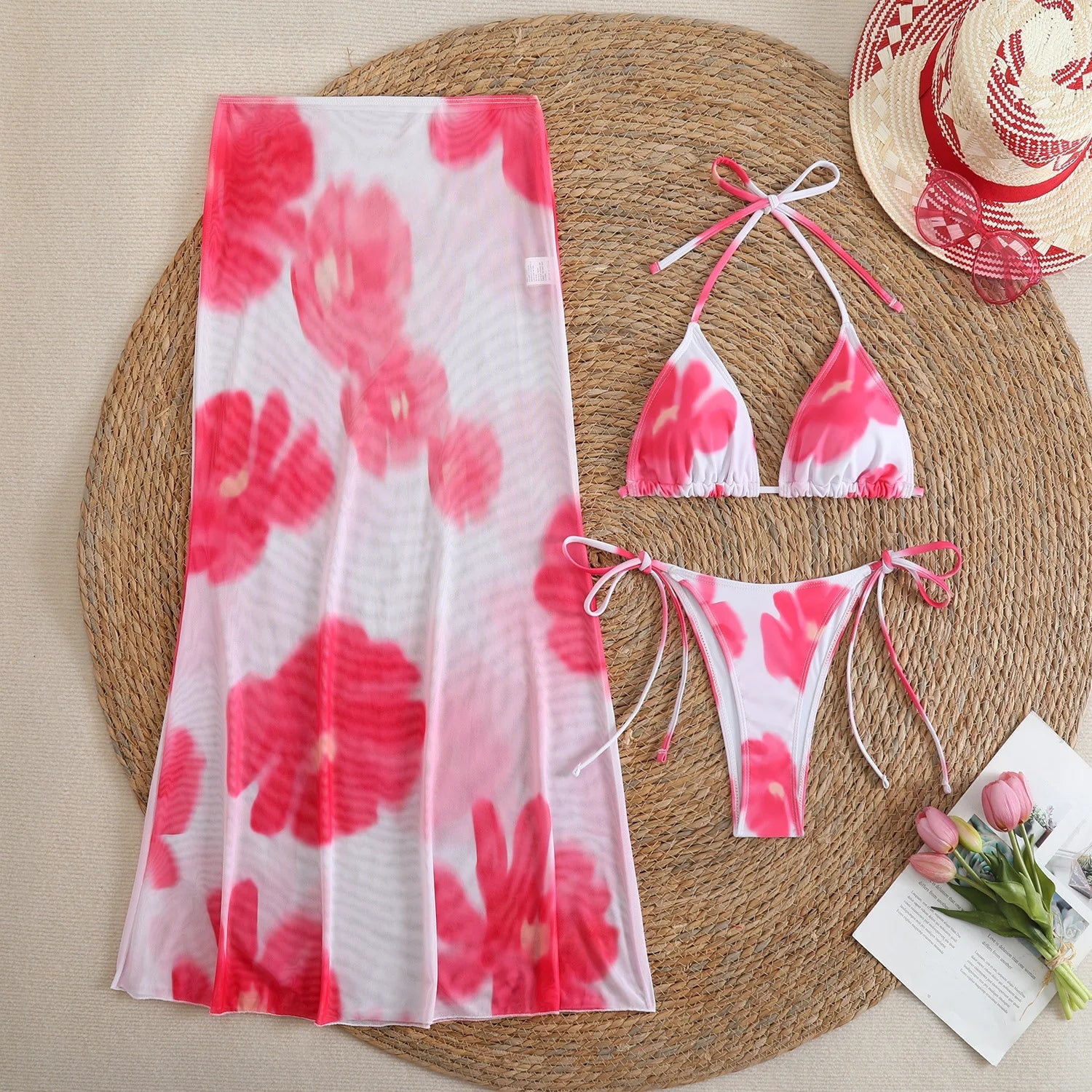 Black Floral Print Bikini Mesh Long Skirt 3 Piece Swimsuit Push Up Beach Bathing Suit Biquini