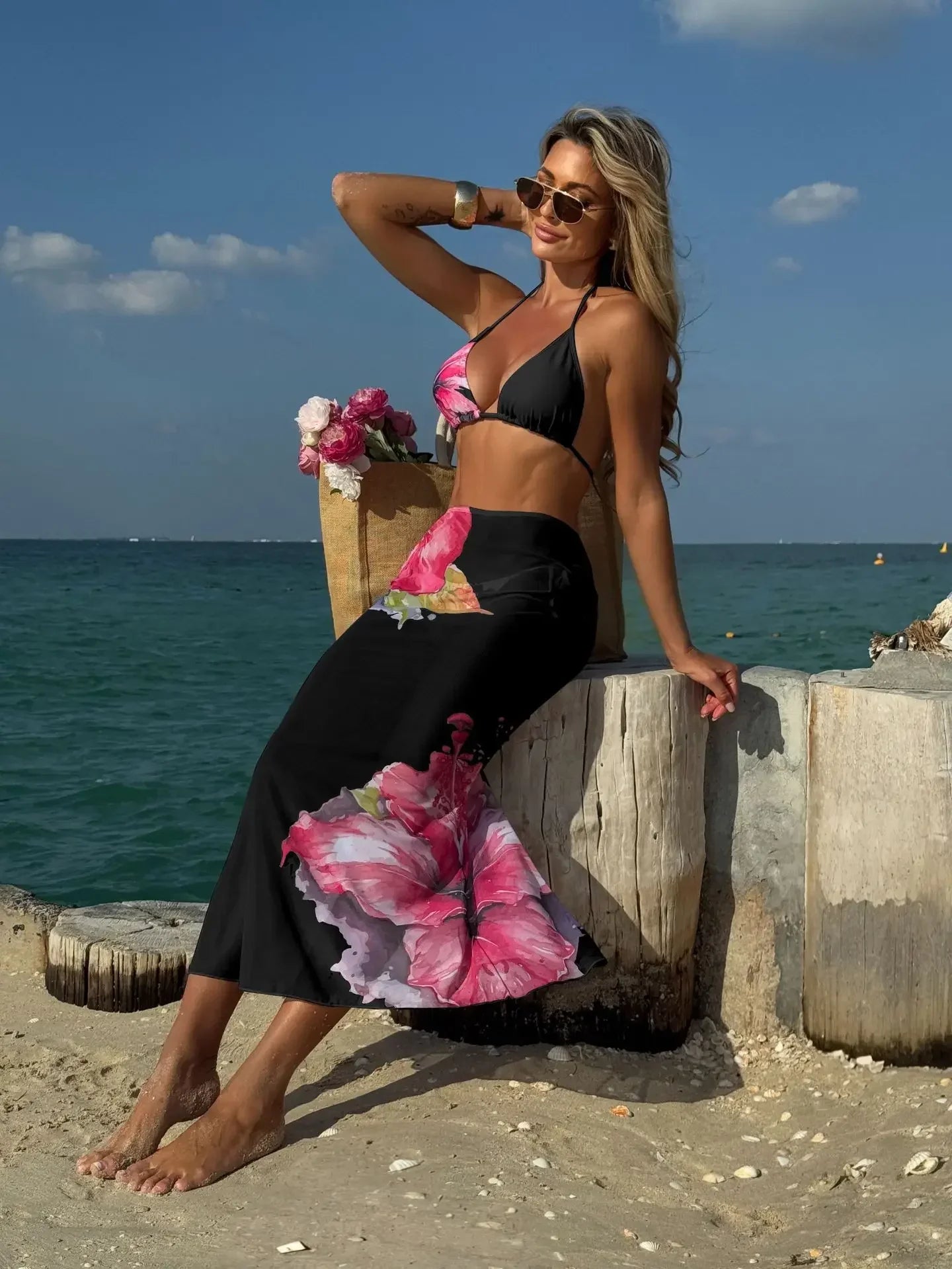 Black Floral Print Bikini Mesh Long Skirt 3 Piece Swimsuit Push Up Beach Bathing Suit Biquini