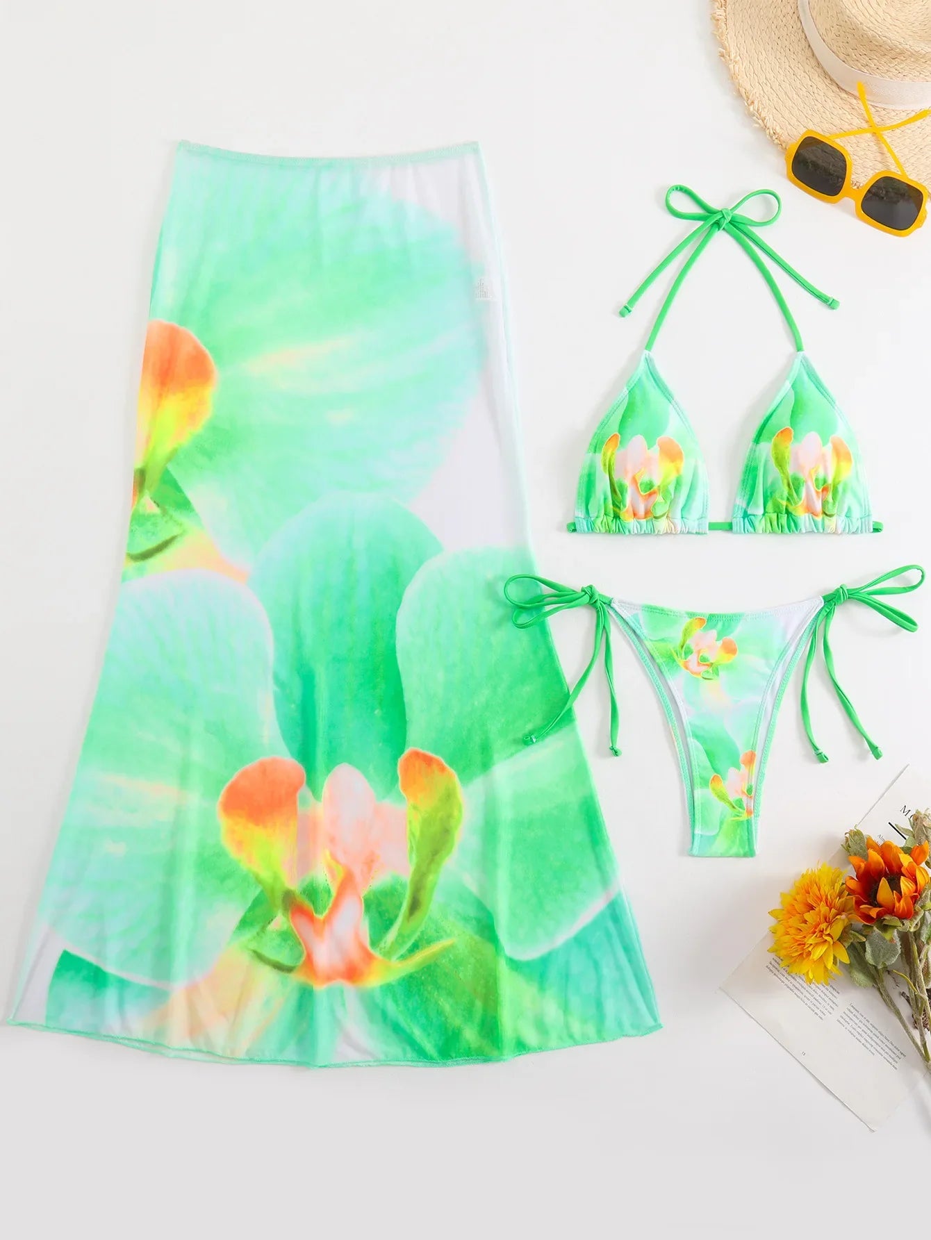 Black Floral Print Bikini Mesh Long Skirt 3 Piece Swimsuit Push Up Beach Bathing Suit Biquini