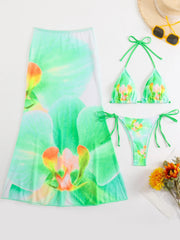 Black Floral Print Bikini Mesh Long Skirt 3 Piece Swimsuit Push Up Beach Bathing Suit Biquini