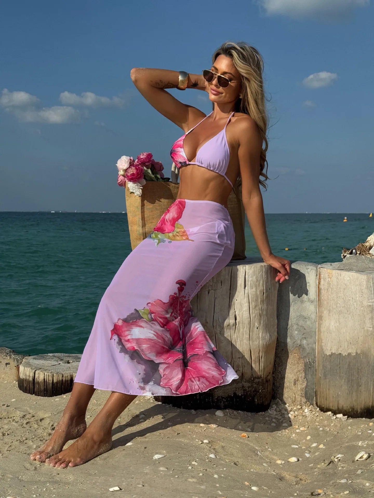 Black Floral Print Bikini Mesh Long Skirt 3 Piece Swimsuit Push Up Beach Bathing Suit Biquini
