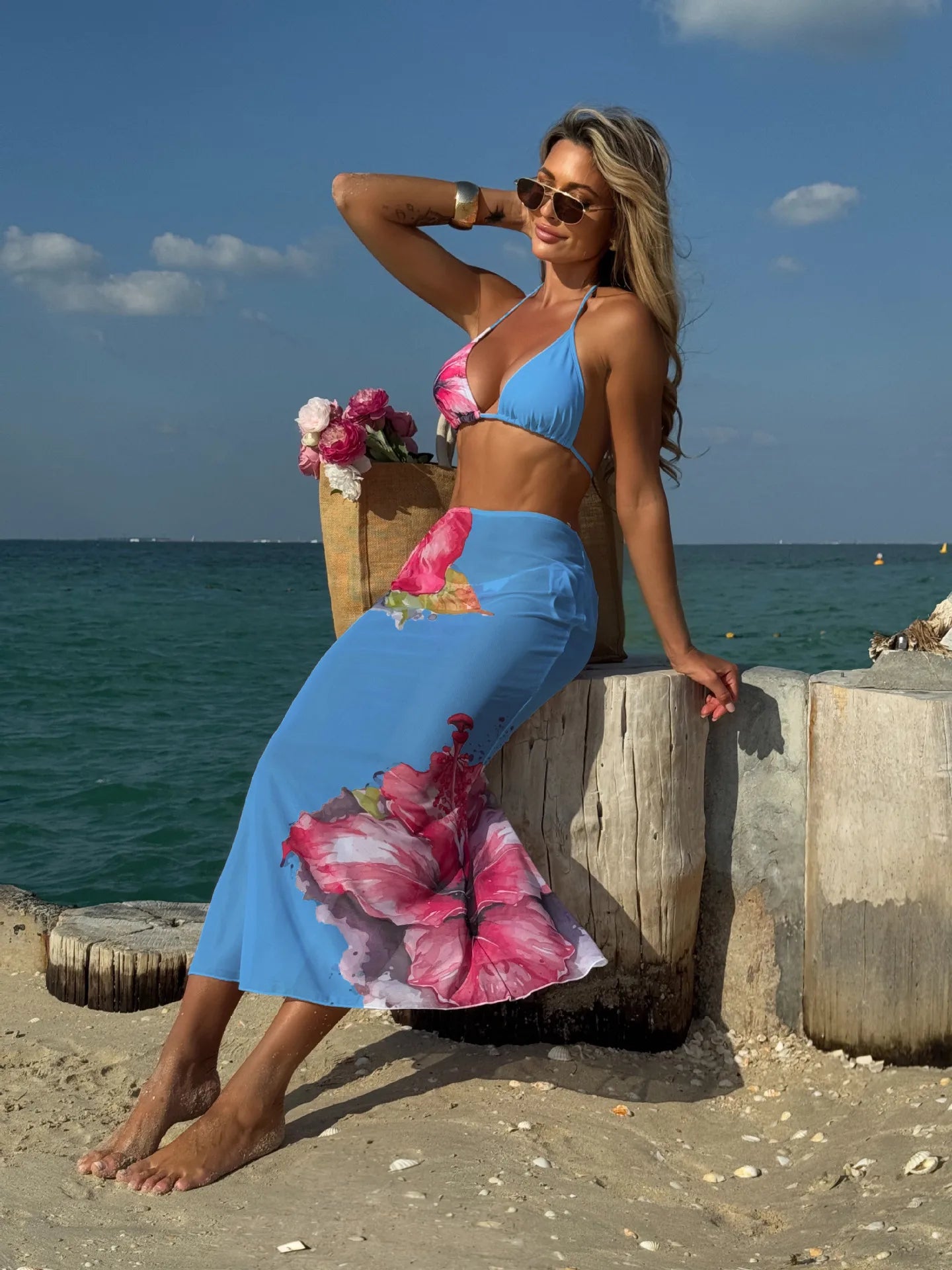 Black Floral Print Bikini Mesh Long Skirt 3 Piece Swimsuit Push Up Beach Bathing Suit Biquini