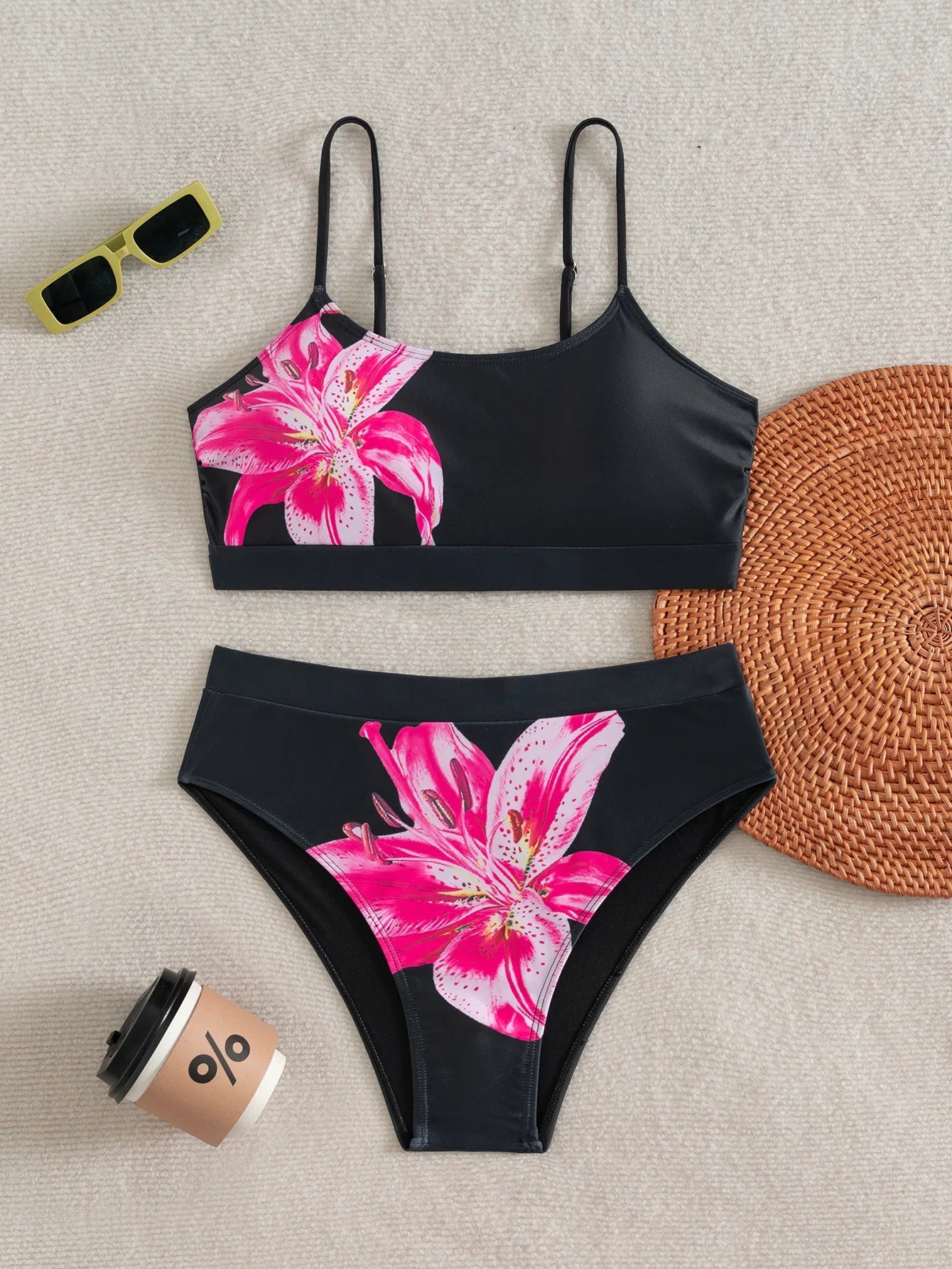 Black Floral Print Bikinis Sets