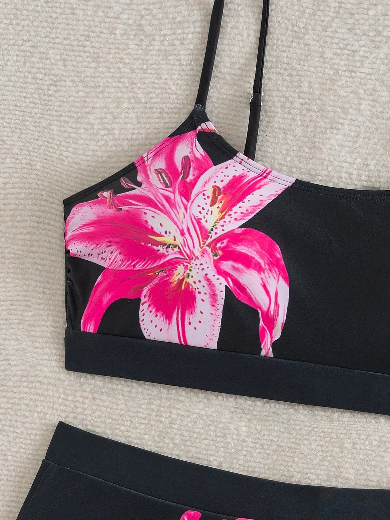 Black Floral Print Bikinis Sets