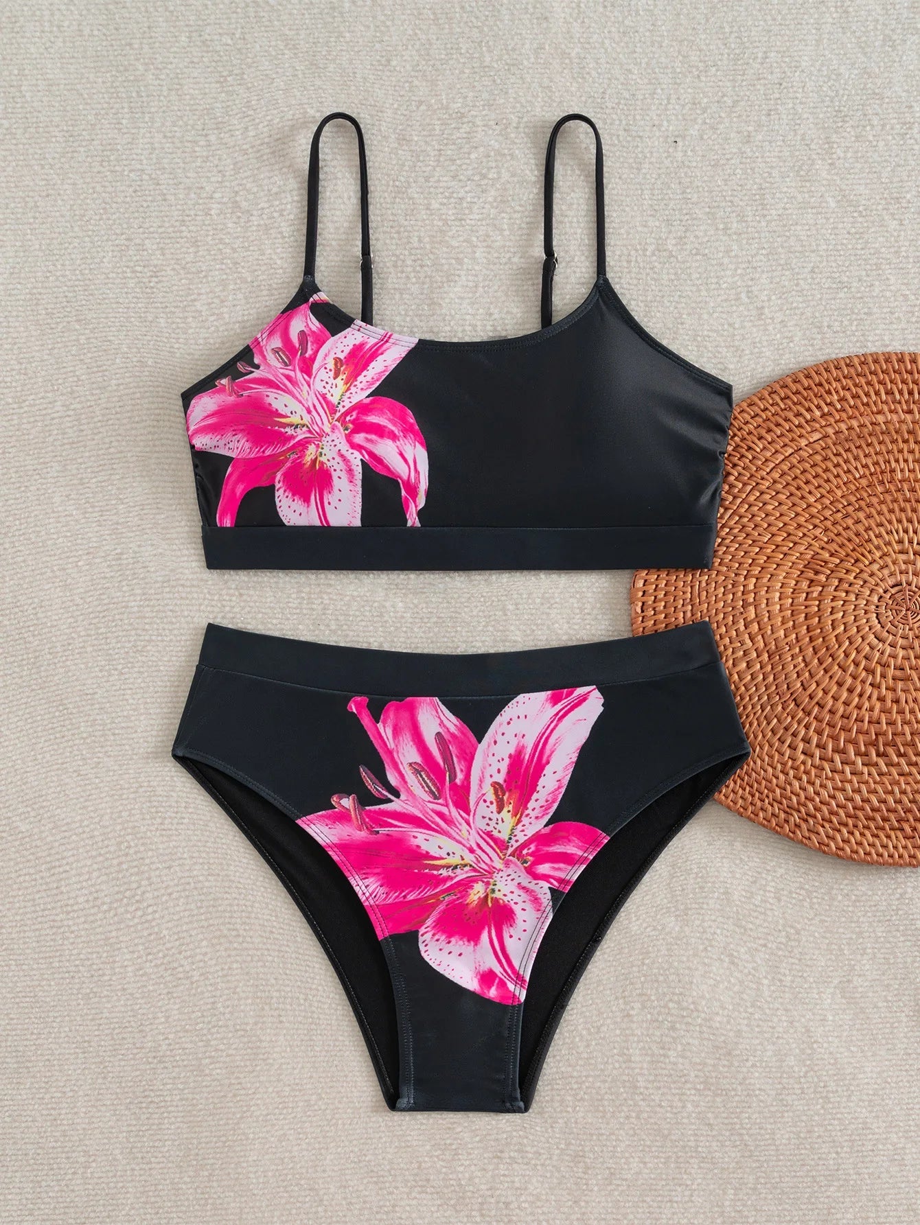 Black Floral Print Bikinis Sets