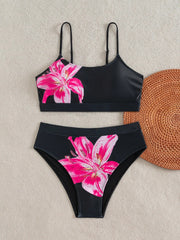 Black Floral Print Bikinis Sets