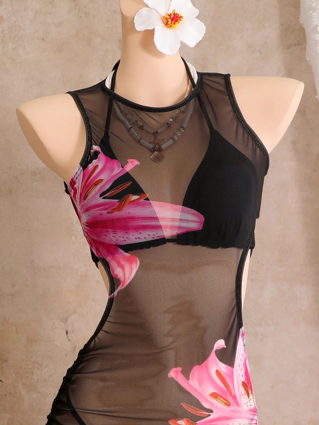 Black Floral Print Mesh Dress 3 Piece Bikini Set