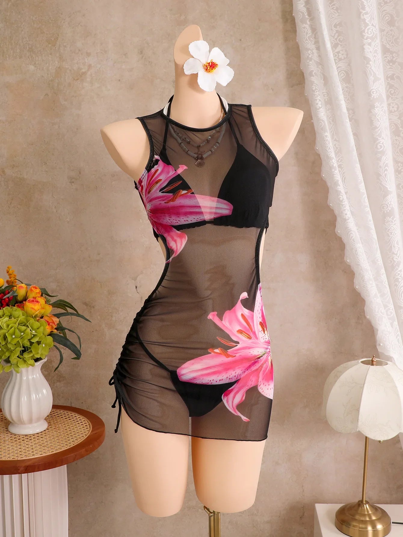 Black Floral Print Mesh Dress 3 Piece Bikini Set
