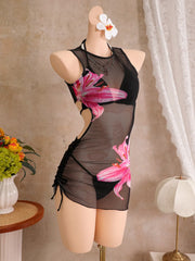 Black Floral Print Mesh Dress 3 Piece Bikini Set