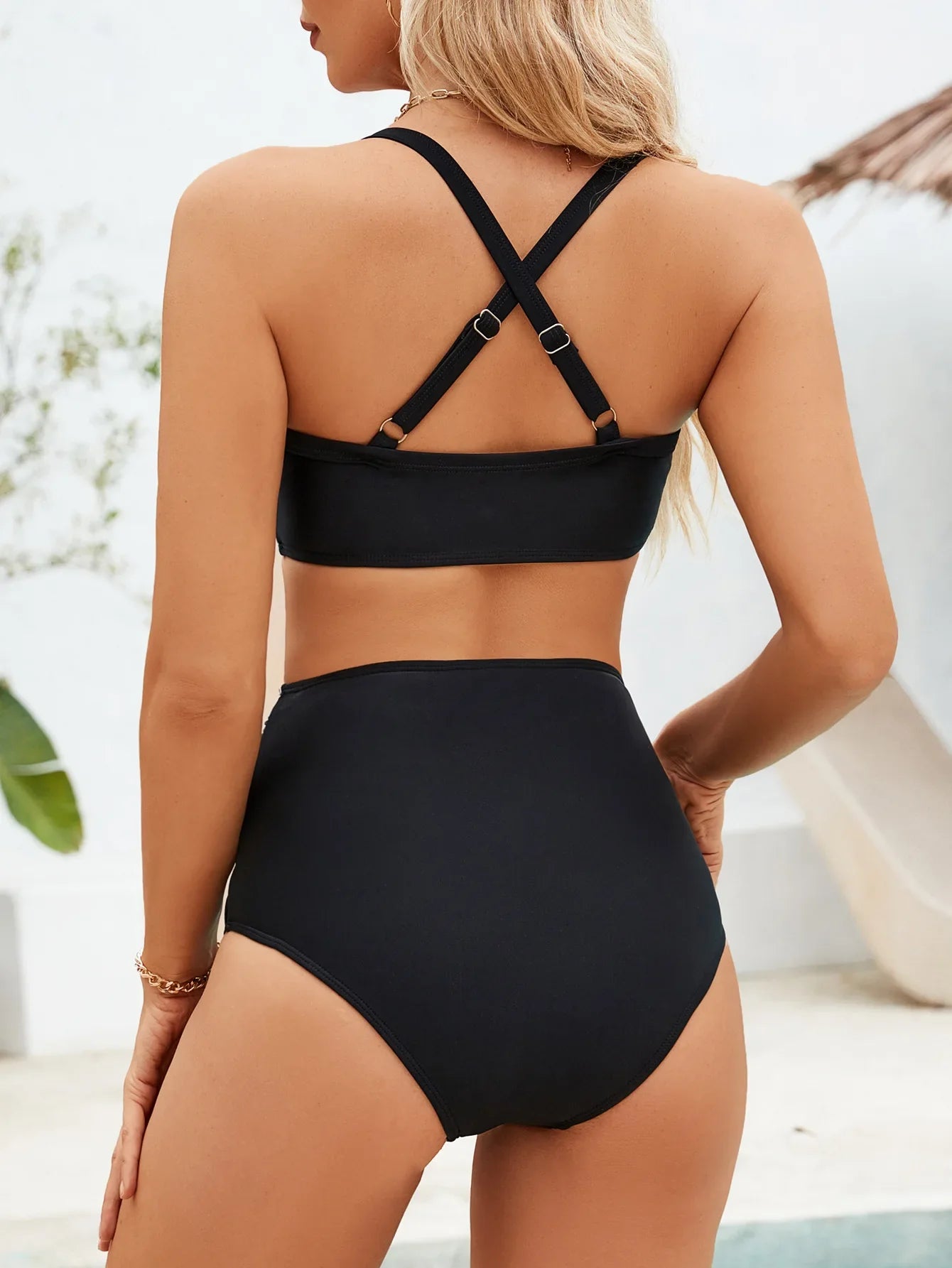 Black High Waist Swimsuit Back Cross Push Up Crop Top Two Piece Swimsuit Beach Bathing Suit