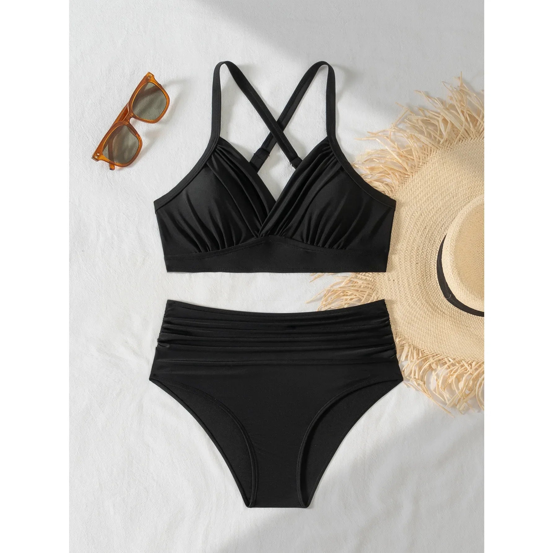 Black High Waist Swimsuit Back Cross Push Up Crop Top Two Piece Swimsuit Beach Bathing Suit