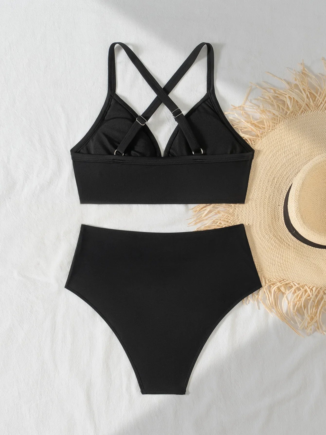 Black High Waist Swimsuit Back Cross Push Up Crop Top Two Piece Swimsuit Beach Bathing Suit