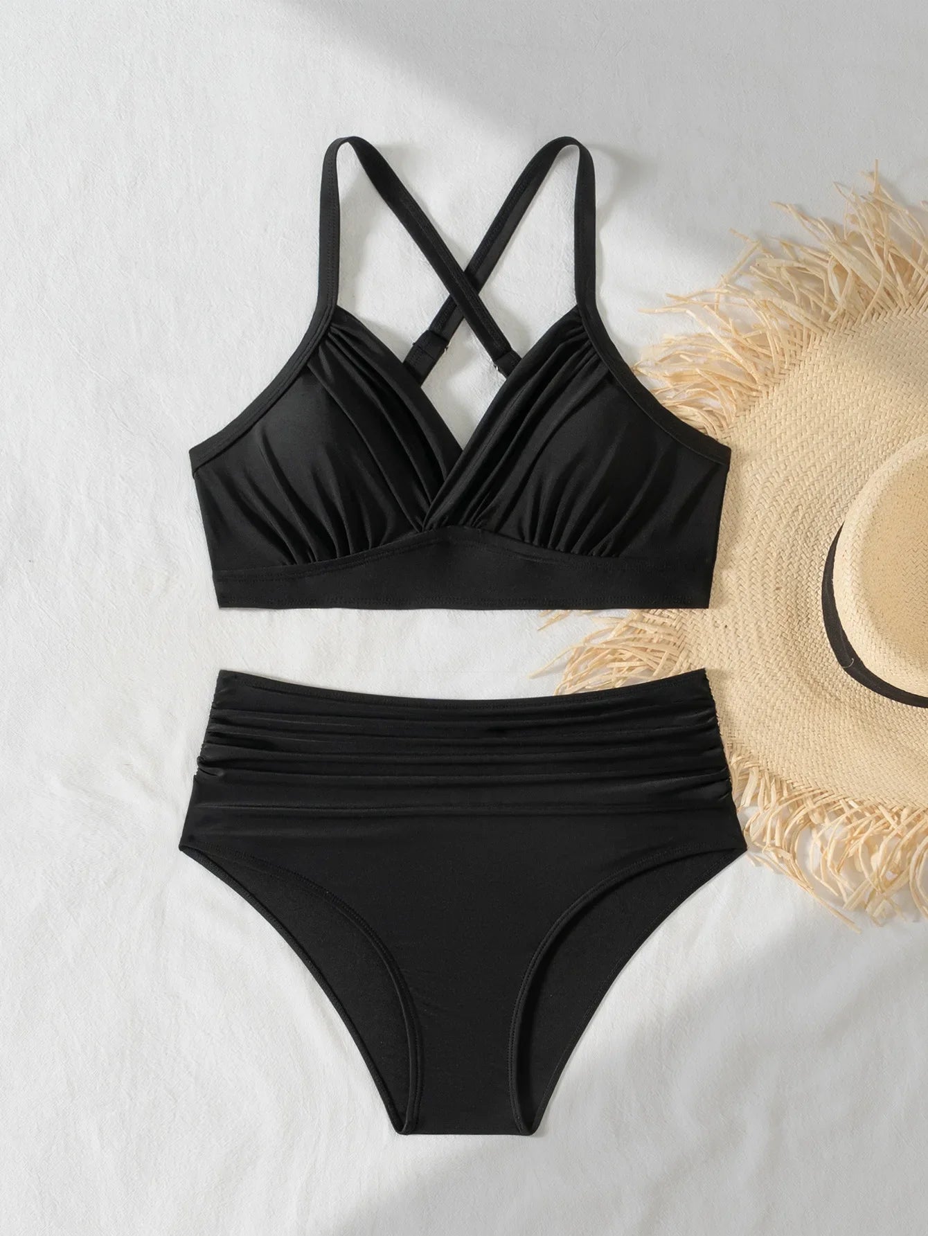 Black High Waist Swimsuit Back Cross Push Up Crop Top Two Piece Swimsuit Beach Bathing Suit