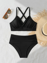 Black High Waist Swimsuit Back Cross Push Up Crop Top Two Piece Swimsuit Beach Bathing Suit