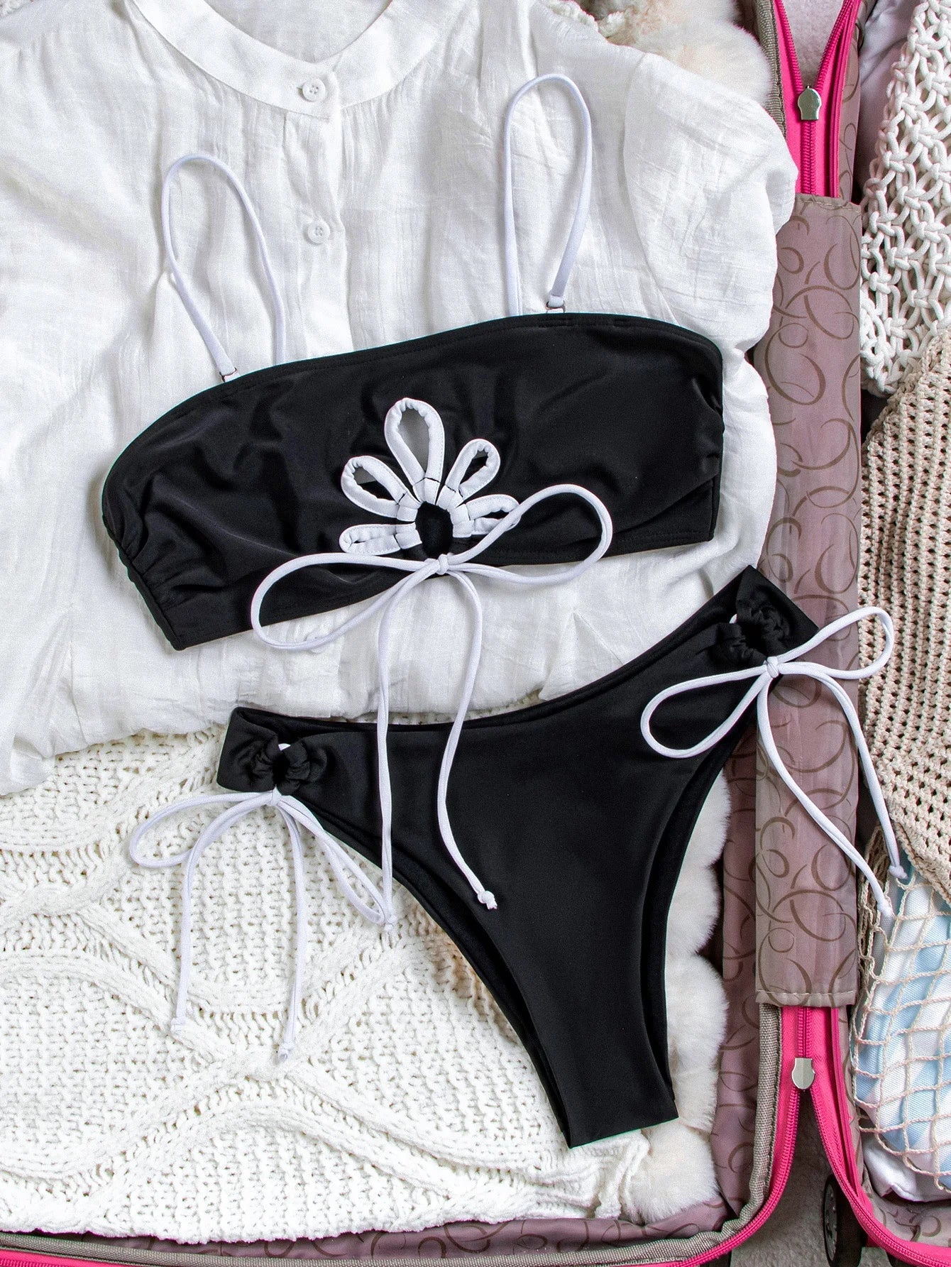 Black Holloe Out 3D Flower Bikini Set