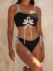 Black Holloe Out 3D Flower Bikini Set