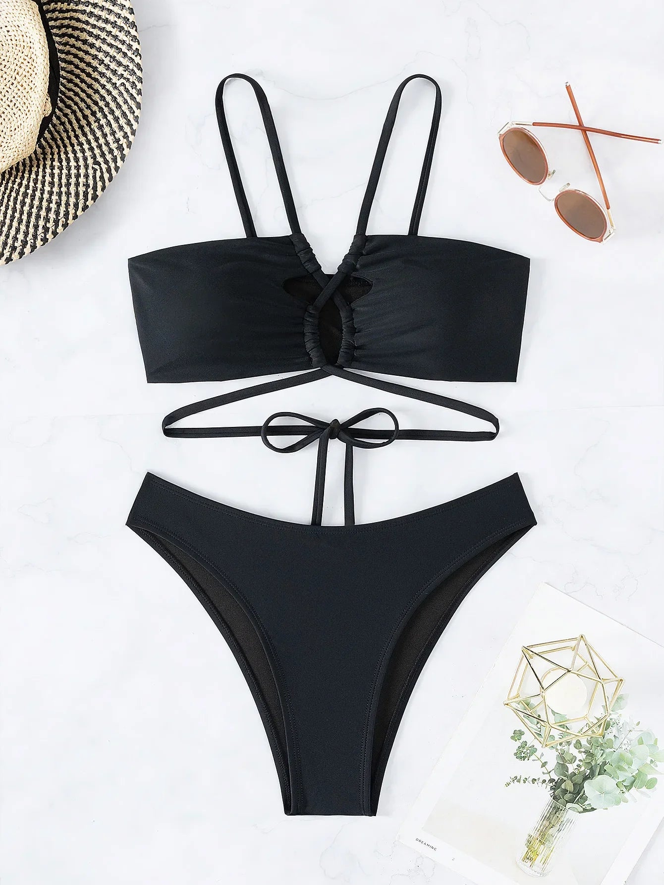 Black Hollow Out Cross Bikini Set